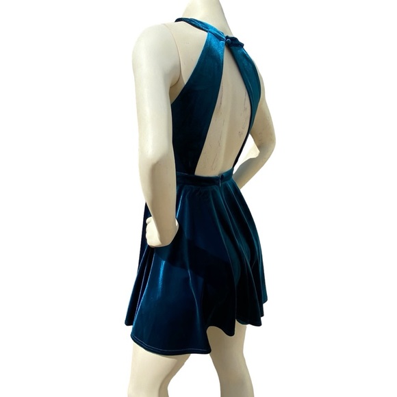 ALTAR’D STATE Deep Teal Blue Velvet Sleeveless Halter Cut Out Pleated Mini Dress - Picture 10 of 16